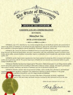 Certificate of Commendation for MetaStar's 50th Anniversary from Wisconsin Governor Tony Evers